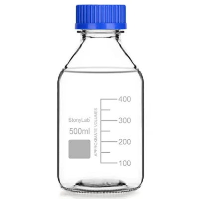 Image of stonylab Graduated Storage Bottles with GL45 Screw Cap, 500 ml Borosilicate Glass Clear Round Lab Reagent Media Blue 1 Pack