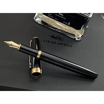 Image of Jinhao Baoer 388 Stainless Steel Fountain Pen Writing Set 0.5mm Medium Fine Nib Includes + 5pk BLACK Cartridges...