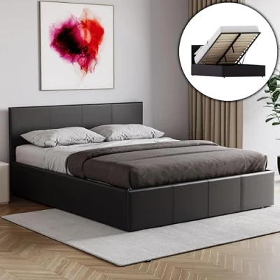 Image of Vida Designs Lisbon Double Bed, 4ft6 Ottoman Bed Frame Upholstered UKFR Faux Leather Headboard Low Foot End Bedroom Furniture, Black