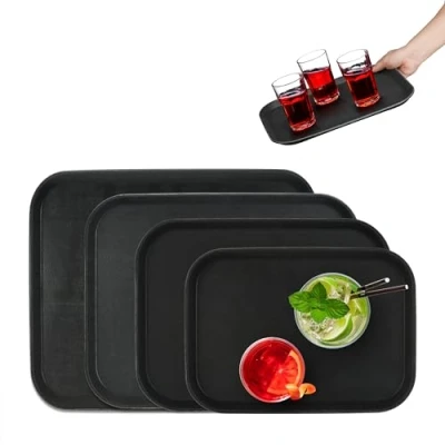Image of 4x Serving Trays in Various Sizes, Rectangular, Drinks Plate, Non Slip Rubber Surface, Waiter Catering, Black Relaxdays