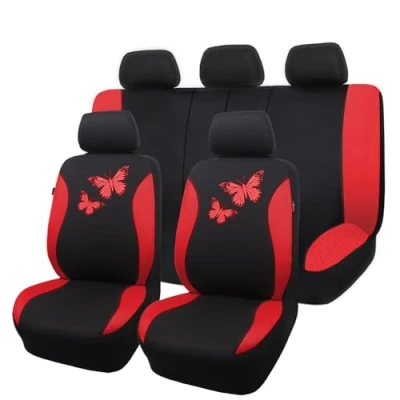 Image of Flying Banner Breathable Mesh Car Seat Covers Colorful Butterfly Offset Printing Pattern Airbag Compatible Protector (Full Set, Red)