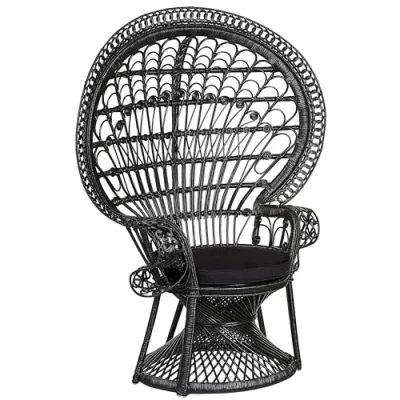 Image of Beliani Rattan Peacock Chair Wicker Indoor/Outdoor High Back 1 Cushion Black Emmanuelle