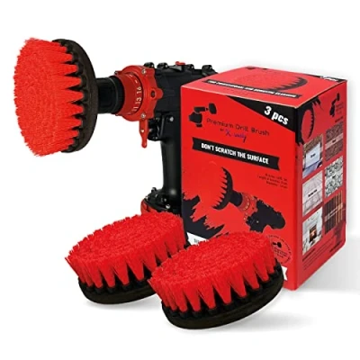 Image of Kornely™ Premium Drill Brush Stiff, Red 3pcs13cm Professional Power Scrubber. Doesn&#039;t Scratch Surfaces. Suitable for Garage, Brick, Outdoor Tiles, Stone, Fireplace, Rust Removal, Car Rims Cleaning