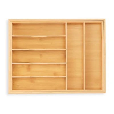 Image of Relaxdays Extendable Cutlery Tray, Bamboo, 7 9 Compartments, HWD: 5 x 34 50.5 44.5 cm, Kitchen Drawer Insert, Natural, cm
