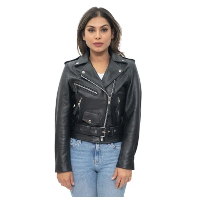 Image of Women&#039;s Classic Black Brando Real Cow Hide Leather Biker Motorcycle Jacket S