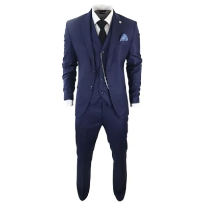 Image of Mens Classic 3 Piece Suit Navy Blue Pocket Chain Wedding Tailored Fit Vintage Formal 46