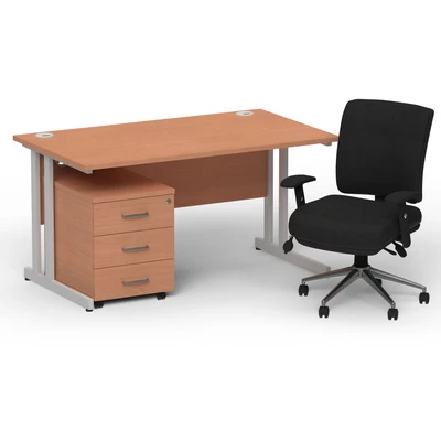 Image of Impulse 1400 Silver Cant Desk Beech + 3 Dr Mobile Ped &amp; Chiro Black