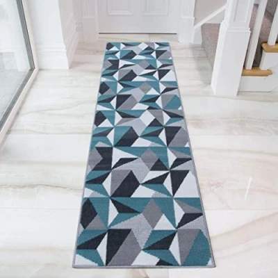 Image of Modern Thick Geometric Area Rug Runner Grey White Duck Egg Blue Kaleidoscope Living Room Lounge Hallway Bedroom Rugs 60cm x 240cm