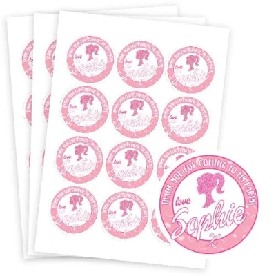 Image of Doll Style Glitter Design Personalised Round Stickers 60mm Pack of 5 Sheets 60