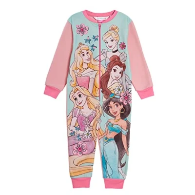 Image of Disney Princess Onesie For Girls Pyjamas Fleece All in One Kids Pjs Zipped Loungewear Childrens Nightwear Pink
