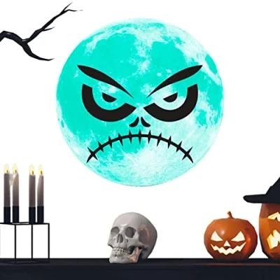 Image of a r Halloween Moon Glow in the Dark Sticker Scary Funny Ghost Face Shape Glowing PVC Stickers Decoration for Wall Door Window
