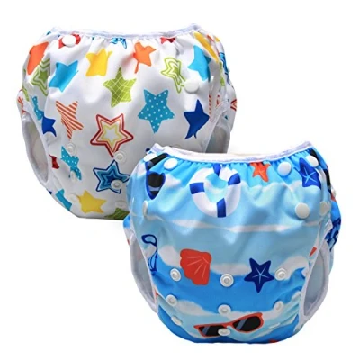 Image of Luxja Swimming Nappy Reusable (Pack of 2), Adjustable Swim Nappies for Baby (0 3 Years), Washable (Beach + Colorful Stars)