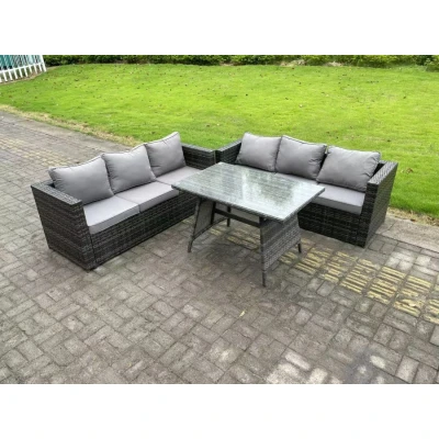 Image of Fimous Wicker PE Rattan Garden Dining Set Outdoor Furniture Sofa with Patio Table Dark Grey Mixed