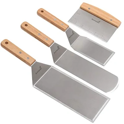 Image of Stainless Steel Metal Spatula Set Teppaniyaki Spatulas Griddle Scraper Flat Pancake Flipper Turner Utensil BBQ Grill Top Cast Iron Accessories Commercial Grade