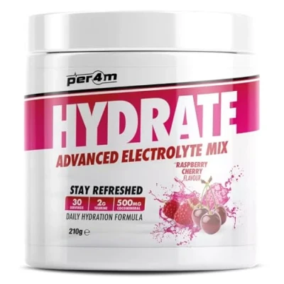 Image of Per4m Hydrate Electrolyte Mix Powder Contains 500mg Cocomineral Replenish Essential Electrolytes Aiding Muscle Function, Cardiovascular Health, Neurological Support (Raspberry Cherry)