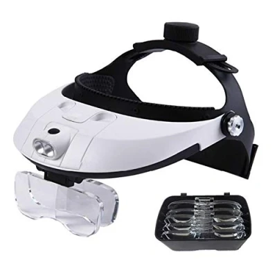 Image of Head Mounted Magnifier Hands Free Magnifying Glass with LED Light Illuminated Headband for Reading, Watch Repair, Jewelry, 1X to 3.5X Zoom 6 Detachable Lenses