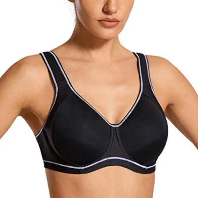 Image of SYROKAN Women&#039;s Sports Bra High Impact Underwire Support Full Coverage Plus Size Molded Fitness Workout Bras Black A262 32G