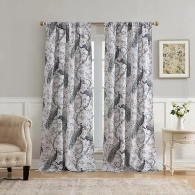 Image of Laura Ashley Belvedere Window Curtains with Rod Pocket, 84 inch Length, 2 Panels Set, Canvas Light Filtering, Peacock