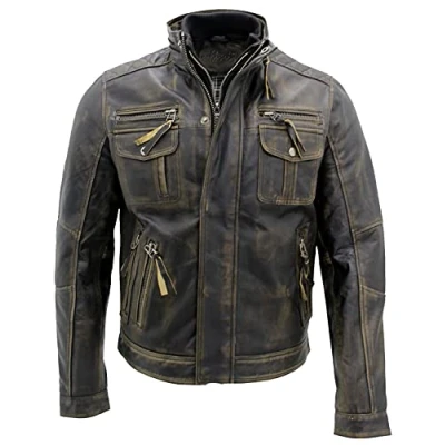 Image of Men&#039;s Black Warm Vintage Brando Leather Biker Jacket 5XL