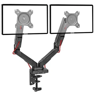Image of Duronic Monitor Arm Stand DMDC52, Double Gas Powered PC Desk Mount, Black, Height Adjustable, For Two 13 24 LED LCD Screens, VESA 75/100, 6.5kg Capacity, Tilt 90/+85,Swivel 180,Rotate 360