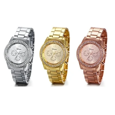 Image of JewelryWe Mens Dress Watch, Stainless Steel Bling Rhinestones Accented Quartz Wrist Watches 3PCS