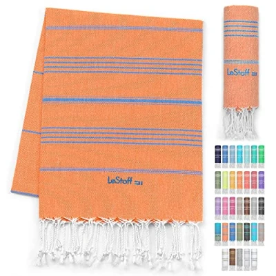 Image of LeStoff Turkish Hammam Towel Quick Drying &amp; Lightweight Peshtemal for Beach, Sauna, Bath, Travel, Yoga Camping Sand Proof Blanket 100% Organic Cotton Eco Friendly (95 x 180 cm, Orange Sky Blue)