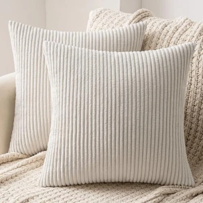 Image of MIULEE Set of 2 Christmas Striped Corduroy Square Throw Pillow Case Soft Cushion Cover Sham Home for Sofa Chair Couch/Bedroom Decorative Fluffy Large Pillowcases 18x18 Inch 45x45cm Cream White