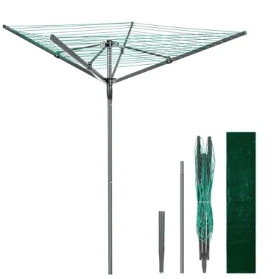 Image of 4 Arm 45M Rotary Washing Line Heavy Duty Clothes Airer Dryer for Outdoor &amp; Garden, Folding Large with Metal Ground Spike and Cover, Green