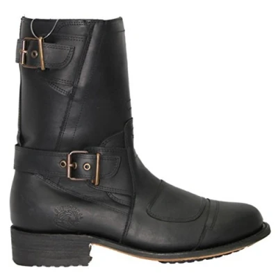 Image of Grinders Route 66 Biker Mens Oily Full Black Mid Calf Goodyear Welted Riding Leather Boots Stylish Hand Crafted Shoes (7 UK / 41 EU)