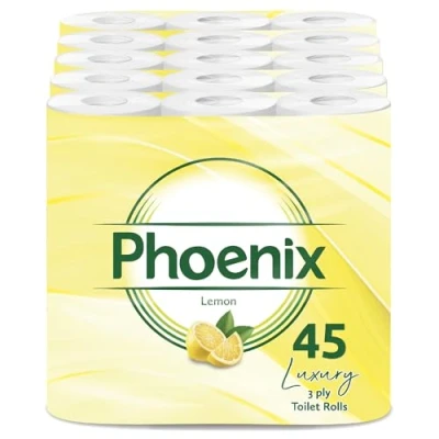 Image of 45 Phoenix Soft Lemon Fragranced Luxury Toilet Rolls Bulk Buy Quilted White 3 Ply Paper Pack of Tissue (9 x 5 Packs) 150 Sheets per roll (6,750 Sheets)