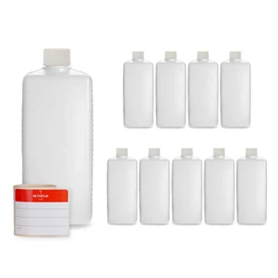 Image of Octopus 10x 500 ml plastic bottles, HDPE bottles with white screw caps, empty square incl. labels