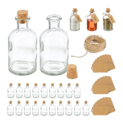 Image of Relaxdays Decorative Bottles, Set of 24, Jars with Cork, 60 ml, for Filling, Spice Glasses, Transparent/Natural, 11.5 x 6 cm
