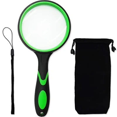 Image of Magnifying Glass 10X, Handheld Reading Magnifier Set with Hanging Rope and Storage Bag Rubber Handle, 75mm Lens for Observation Book Fault Finding Green