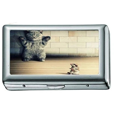 Image of Cats Rodents Mice Kittens Humor Animals Situation Funny Crime Weapon Gun Pistol Cigarette Case/Box Business Card Holder Stainless Steel Case Silver Metal Wallet Protection