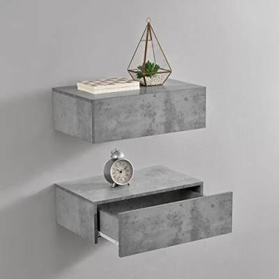 Image of [en.casa] Oslo wall shelf with drawer set of 2 bedside cabinets floating chest drawers hanging console 46x30x15cm concrete look