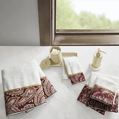 Image of Madison Park Aubrey 100% Cotton Luxurious Bath Towel Set Highly Absorbent, Quick Dry, Jacquard Paisley Design, Hotel &amp; Spa Quality for Bathroom Decor, Multi Sizes, Burgundy 6 Count