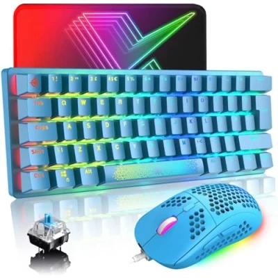 Image of EWEADN MK22 UK Layout Gaming Keyboard and Mouse Combo, 14 RGB Chroma Backlit Mini 62 Keys Wired Mechanical + 6400DPI Ultra Light Honeycomb Mice Pad for PC/MAC Blue/Blue Switch