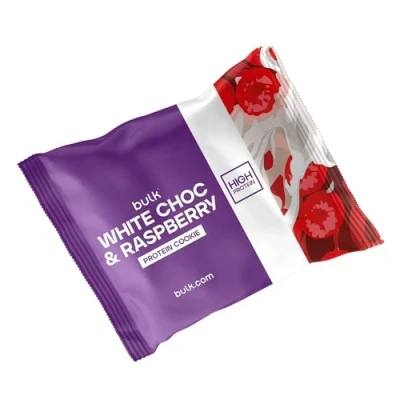 Image of Bulk High Protein Cookie, White Chocolate and Raspberry, 75 g, Pack of 12, 12 Servings, Packaging May Vary