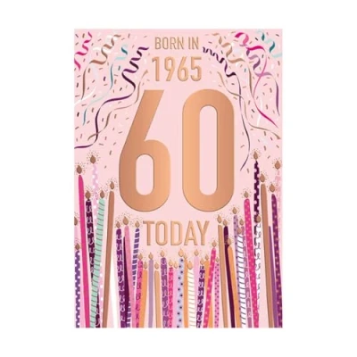 Image of Words &#039;n&#039; Wishes Female 60th Birthday Card Happy Age 60 with Born in 1965 Confetti and Candles Design Embossed Foil Details for Women