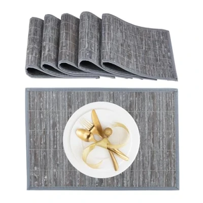 Image of Relaxdays Set of 6 Bamboo Place mats, Non Slip Fabric Edge, 45 x 30 cm, Plate, Dining Table, Square placemat, Grey, 90% 10% Polyester, Gray