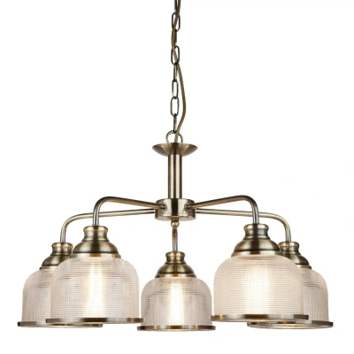 Image of Bistro 5 Light Multi Arm Ceiling Pendant White, Antique Brass, E27