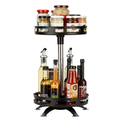 Image of BELLE VOUS 2 Tier Spice Rack Organiser Rotating Storage Carousel/Lazy Susan Metal Revolving &amp; Spinning for Kitchen