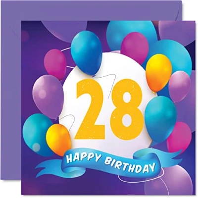 Image of 28th Birthday Card for Men Women Balloon Party Happy Cards 28 Year Old Man Woman Brother Sister Son Daughter Auntie Uncle Friend Cousin, 145mm x Bday Greeting Gift
