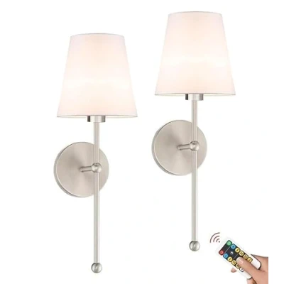 Image of Rechargeable Wall Sconce Battery Operated Lights set of 2 with Remote, Cordless Lamp Powered Sconces, Not Hardwired Dimmable Fabric Light for Living Room Bedroom Hallway(Si