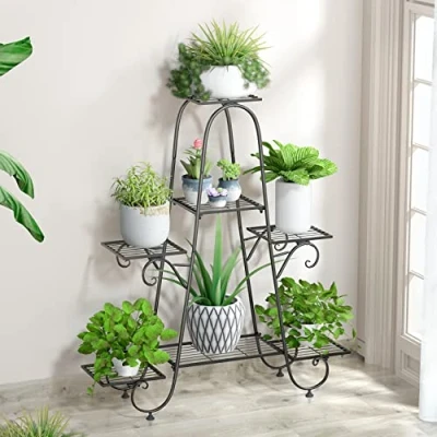 Image of unho Metal Plant Pot Stand: Indoor Outdoor Display Rack Garden Shelf Flower Stands Tiered Plants Holder Black 34x9.64x39.17