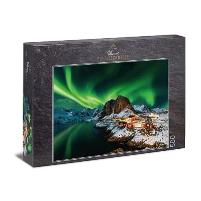 Image of Ulmer Puzzleschmiede Norway Aurora Borealis Northern Lights Jigsaw Puzzle Classic 500 Piece Motif Over the Fishing Village of Hamnoy, Lofoten,