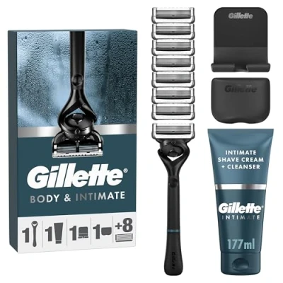 Image of Gillette Body and Intimate Men’s Pubic Razor Set, 8 Blade Refills + 2in1 Shave Cream &amp; Cleanser, Easy to Use, Formulated for Hair, Includes Shower Hook Travel Cover