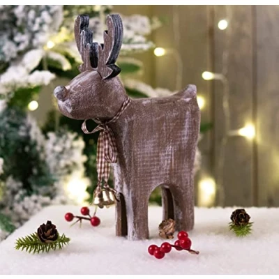 Image of St Helens Home &amp; Garden Wooden Reindeer Decoration With Brown Check Collar and Bells distressed finish gives it a rustic yet on trend look