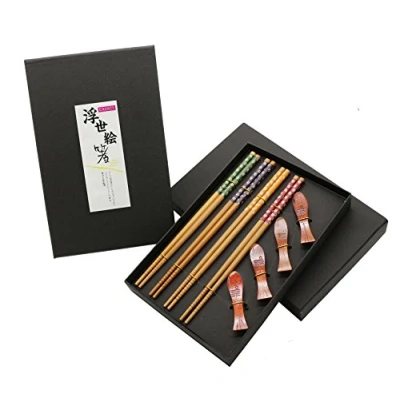 Image of EXZACT Chopsticks Gift Set 4 Pairs Reusable Natural Bamboo with pcs Wooden Chopstick Rests in a Beautiful Black Handmade Box Decorated Japanese Style