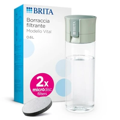 Image of BRITA Model Vital Water Filter Bottle Light Green (600 ml) Including 2 MicroDisc Filters Practical with for Travel, Chlorine &amp; Bacteria When Drinking/Dishwasher